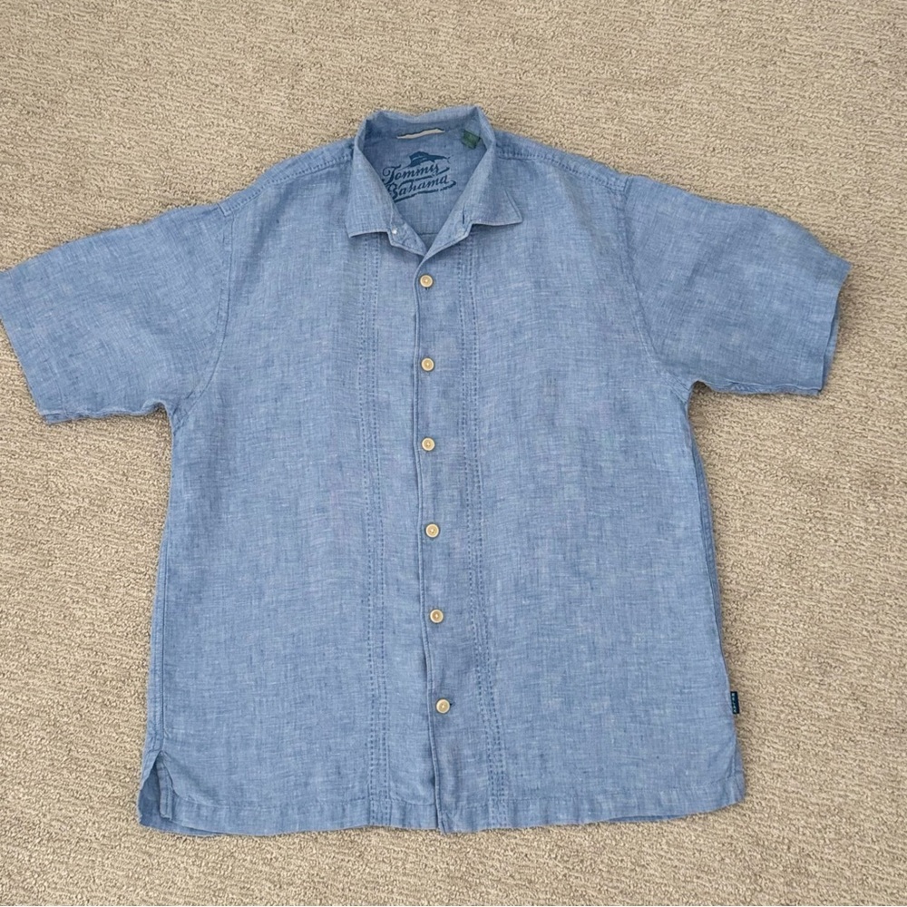 TOMMY BAHAMA Men's L Blue 100% Linen Short Sleeve Stitched Shirt XL Vacation